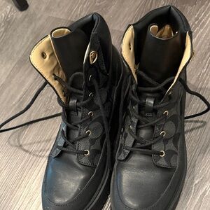 Coach Black Leather & Signature Canvas Lace-Up Ankle Boots with Cream Interior